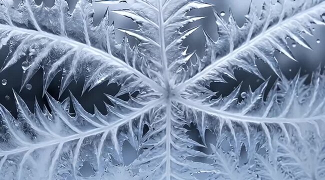 Intricate frost patterns resembling a fern leaf creating a winter wonderland scene