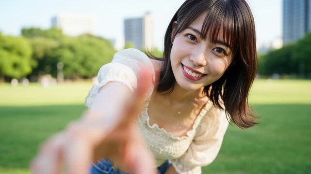 公園でこちらへ手を伸ばす笑顔の女性のクローズアップ