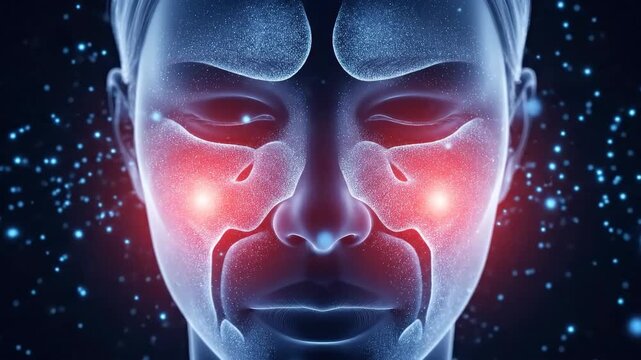 Close up digital artwork of a blue human head skeleton highlighting inflamed sinuses glowing red Particles and light effects suggest pain or infection