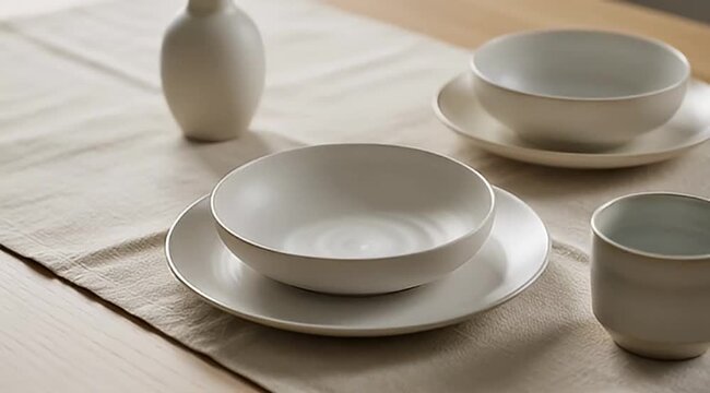 elegant off white ceramic tableware set on linen tablecloth on wooden surface