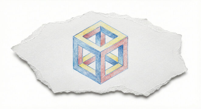 Hand-Drawn Impossible Cube Optical Illusion on Torn Paper &ndash; 3D Geometric Pencil Sketch Art with Primary Colors