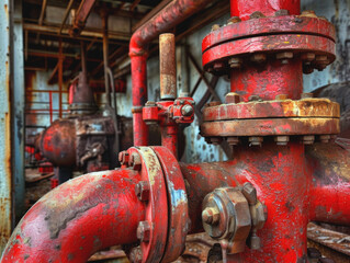 Close-up of heavily rusted red industrial pipes and bolted flanges in an old, abandoned factory setting, showcasing the decay and neglect of forgotten machinery.