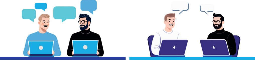 Professional Coworkers Collaborating Online Using Laptops Speech Bubbles, Modern Business Team Remote Collaboration Laptop Vector Illustration.