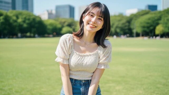 都会の公園の芝生で後ろに手を組み微笑む女性