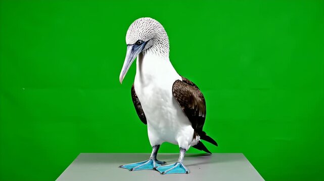 Blue Footed Booby Bird Standing on Gray Surface Against Vibrant Green Screen Background