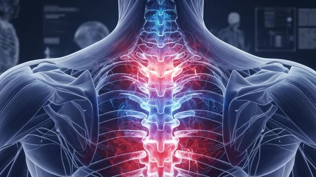 Detailed 3d rendering of a human spine highlights pain and injury in the back area Medical visualization focuses on spinal health and anatomy