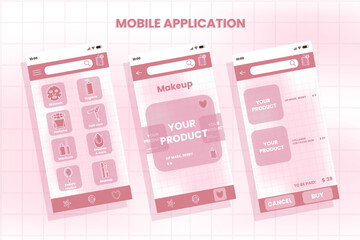 Pink mobile application UI for beauty ecommerce with product catalog, categories, product card and checkout screen. Modern shopping app interface on soft grid background.