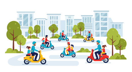 Diverse people riding scooters in a modern city street with trees and buildings © solikhin