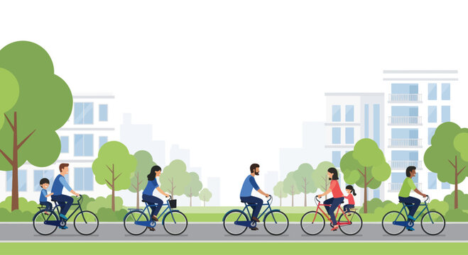 Diverse family and friends cycling on a sunny day, city park path, urban background