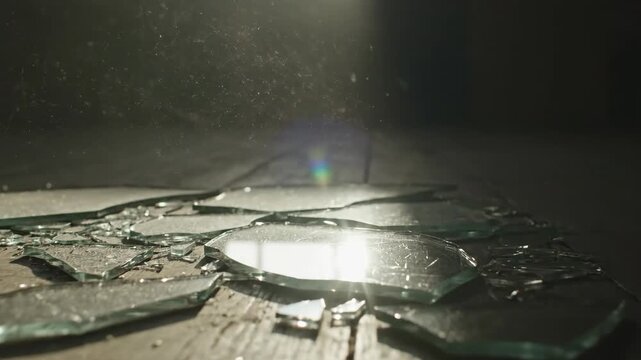 Broken glass scattered on wooden floor with sunlight reflecting from sharp edges. Broken glass creates sharp contrasts and shadows across the surface, illustrating fragility and beauty of destruction.