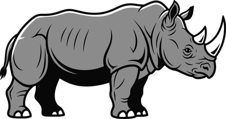 Gray rhinoceros standing isolated on white background, strong wild animal vector illustration, rhino side view mascot, cad drawing flat vector illustration © Liza