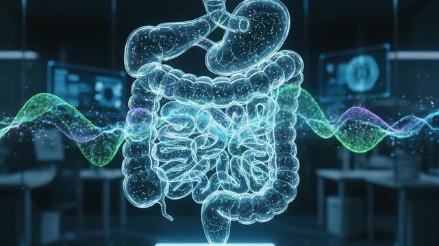 Glowing blue x ray of human digestive system in a dark lab environment shows internal organs pulsating with scientific data visualization streams