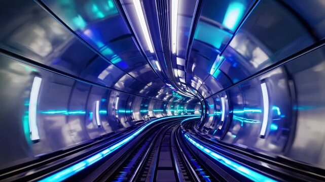 Blue Neon Tunnel With Rails, High Velocity Rail Perspective, Chrome Reflections, Motion Blur, Luminescent Panels And Futuristic Monorail Vibe, Ideal For Transport Promos And Adrenaline Sequences