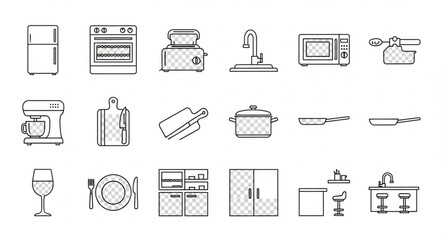 Collection of Hand Drawn Kitchen Appliances and Utensils Icons.