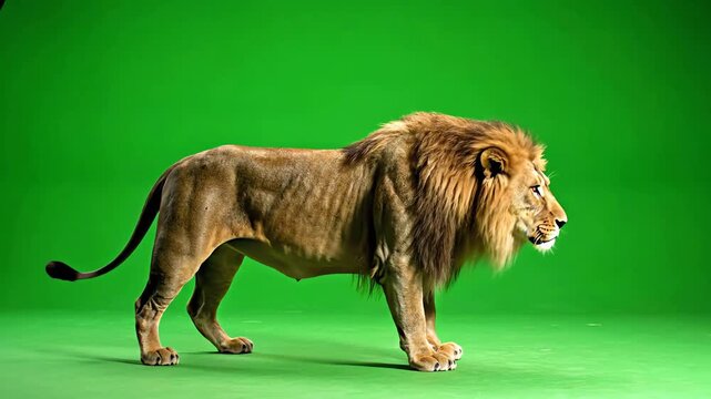 Powerful male lion roars and growls, standing in side profile on green screen for chroma key