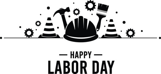 Fototapeta premium Happy Labor Day silhouette illustration with hard hat hammer paintbrush traffic cones and gears for workforce appreciation and industrial holiday poster design in minimalist style AI Generative 