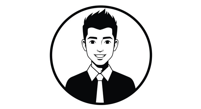Professional smiling young man avatar portrait wearing a formal shirt and tie in a minimalist black and white circular frame vector illustration perfect for business profile icons AI Generative
