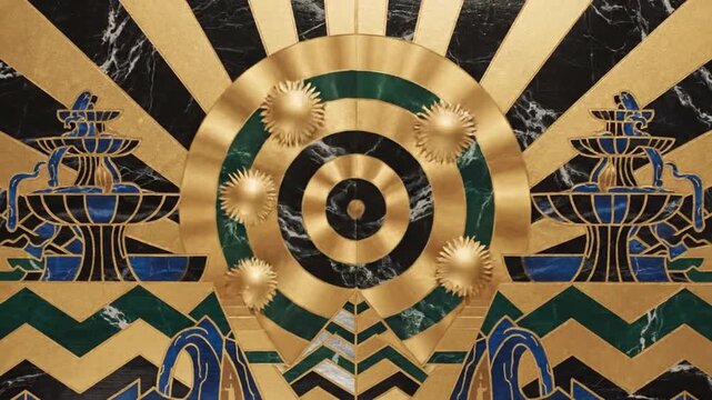 Luxury Art Deco Pattern Featuring Golden Spiral and Geometric Shapes in Symmetrical Design