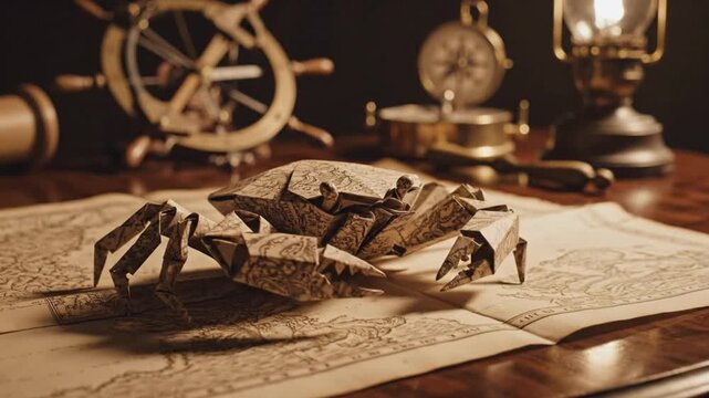 Vintage crab sculpture on an old map with navigation tools on a wooden table, viewed from above, in a nostalgic setting