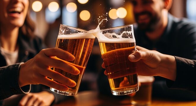 A dynamic close-up shot of two pint glasses of beer clinking together, causing a small splash of foam. Blurred people and lights in the background