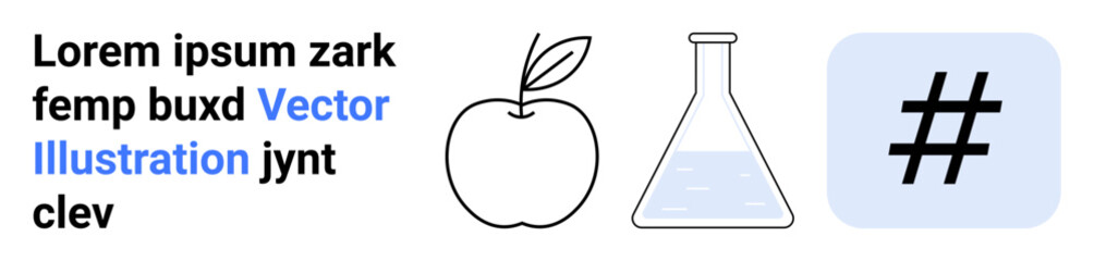 Obraz premium Apple outline, laboratory flask with liquid, and bold metadata tag icon paired with placeholder text. Ideal for education, science, technology, innovation, branding, social media digital learning