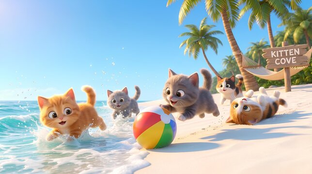 Adorable 3D cartoon kittens playing with beach ball on tropical island