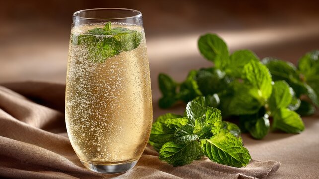 Chilled sparkling beverage with mint leaves on elegant fabric