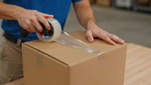 Close up of a person sealing a cardboard box with clear tape