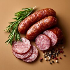 Smoked sausages with rosemary and peppers on brown background