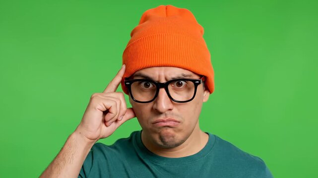 Man with thoughtful expression, wearing orange beanie and glasses, looking concerned