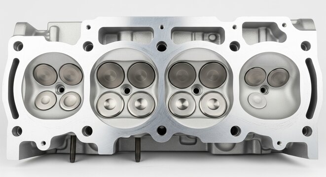 A close-up, high-angle shot of a clean, silver aluminum engine cylinder head for a car, showing the intake and exhaust valves and combustion chambers