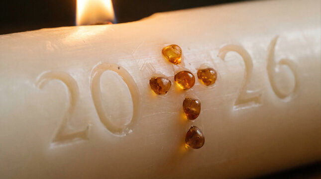 Extreme macro Paschal candle detail carved numerals 2026 and incense grains, wax texture, Easter Vigil