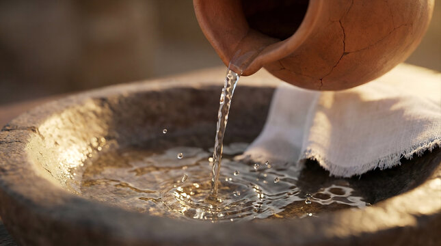 Macro shot ceramic pitcher pouring water into stone basin, sparkling droplets, linen towel, foot washing ritual