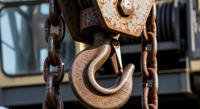 A heavy-duty, weathered steel crane hook with chains, showing signs of rust and industrial wear