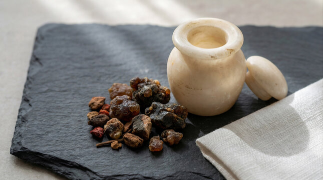 Close up alabaster jar with aromatic spices and folded white linen on stone, burial preparation, Holy Saturday