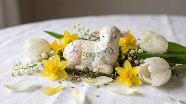 Close up ceramic Easter lamb decoration with spring flowers on white linen, table centerpiece, bright daylight