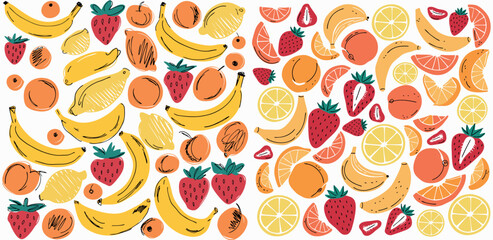 Vibrant illustration of assorted fresh fruits including bananas strawberries oranges and more on atransparent background
