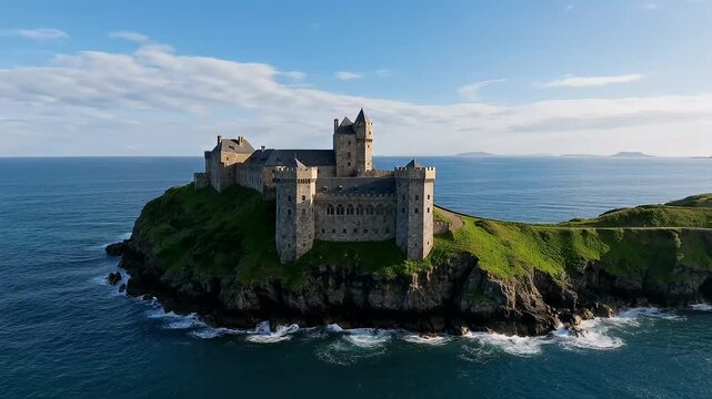 Aerial view of a scenic medieval castle on a cliff island surrounded by ocean
