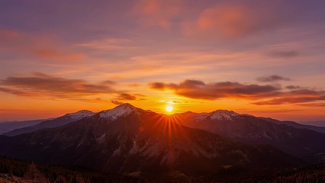 Spectacular sunrise over snowcapped mountains with colorful sky and radiant sun rays