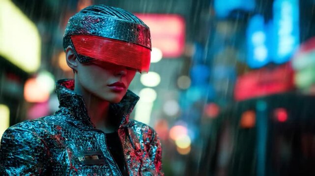 Woman wearing futuristic VR headset in neon-lit city street at night with rain.