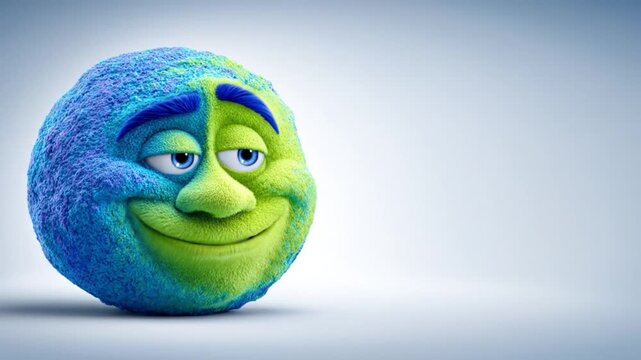 A vibrant cartoon character with a split blue and green face smiles on a plain background.