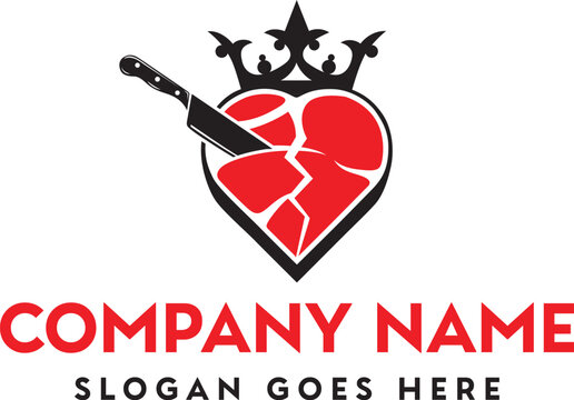 A broken red heart pierced by a black dagger crowned with a tiara over company branding