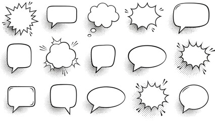 Fototapeta premium A collection of blank comic book speech bubbles featuring halftone dot shadows on white background