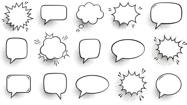 A collection of blank comic book speech bubbles featuring halftone dot shadows on white background