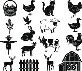 Black and white farm icons set including cow sheep goat chicken rabbit cat barn scarecrow and deer for agriculture concept © Shihab Creative