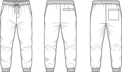 Technical CAD drawing flat vector illustration of a blank white jogger sweatpants with elastic waistband, drawstring, and side pockets, template. © Shihab Creative