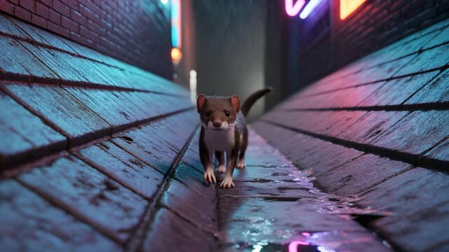 Weasel standing in colorful urban alley at night lights