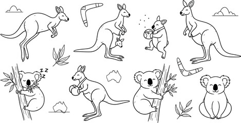 Obraz premium Cute Australian animals collection featuring kangaroos koalas boomerangs and eucalyptus leaves line art illustration set