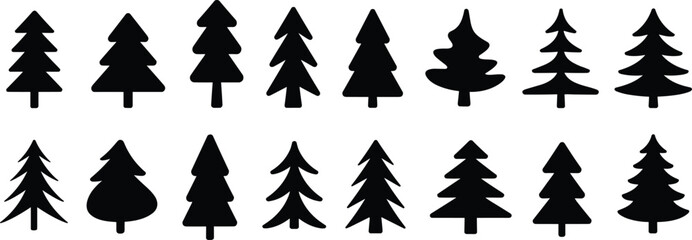 Collection of various pine and evergreen tree silhouettes, coniferous forest plants, nature design elements, isolated on white background, vector illustration. © Monjila