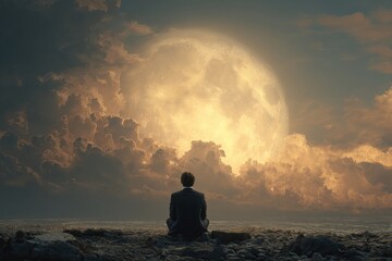 Obraz premium A solitary male figure in a suit pondering under the illuminated moonlit sky on rocky outcrops